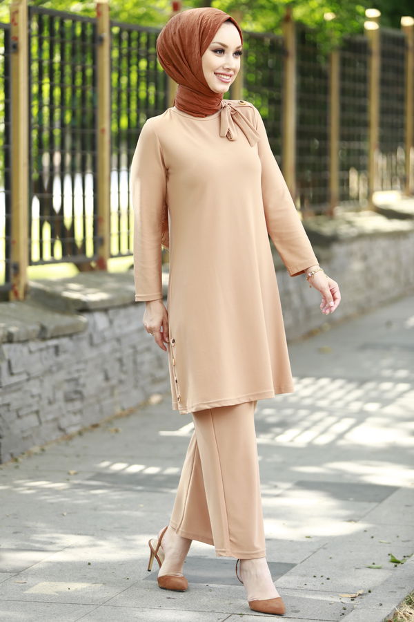 Düz Bisiklet Yaka Kadın Vizon TUNIK PANTOLON - 3758 VİZON
