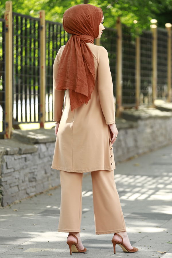Düz Bisiklet Yaka Kadın Vizon TUNIK PANTOLON - 3758 VİZON