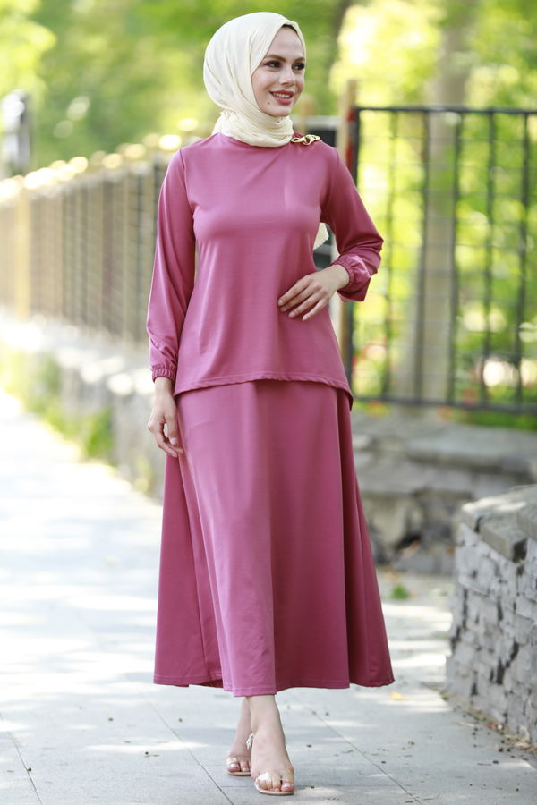 Düz Orta Kadın Pembe BLUZ ETEK - 3765 PEMBE