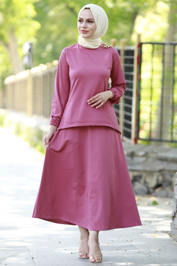 Düz Orta Kadın Pembe BLUZ ETEK - 3765 PEMBE