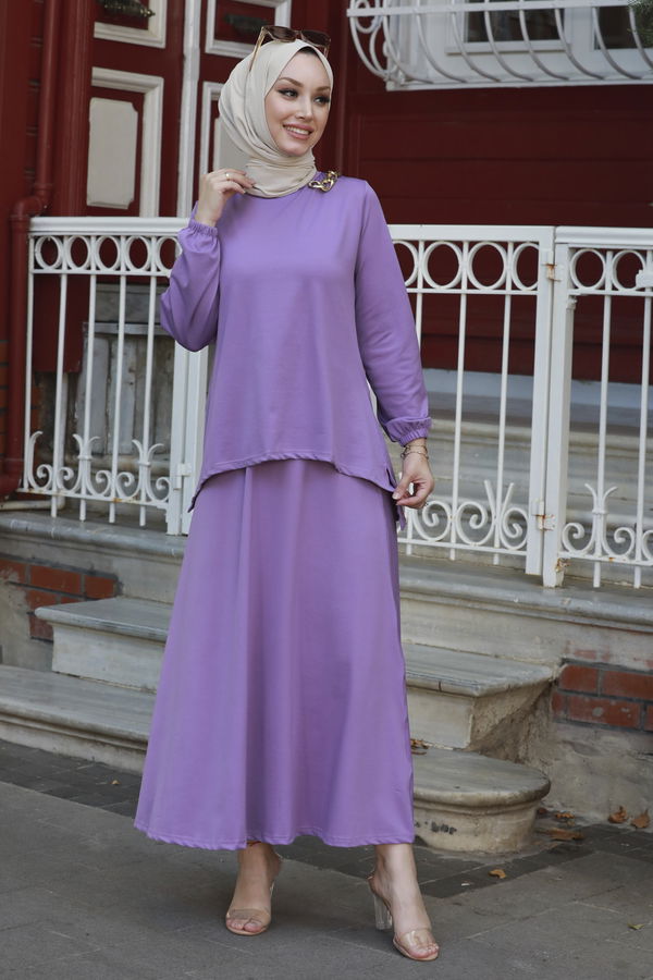 Düz Orta Kadın Lila BLUZ ETEK - 3765 LİLA