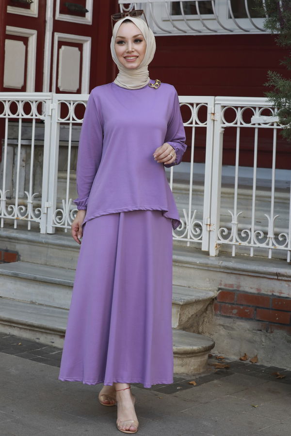 Düz Orta Kadın Lila BLUZ ETEK - 3765 LİLA