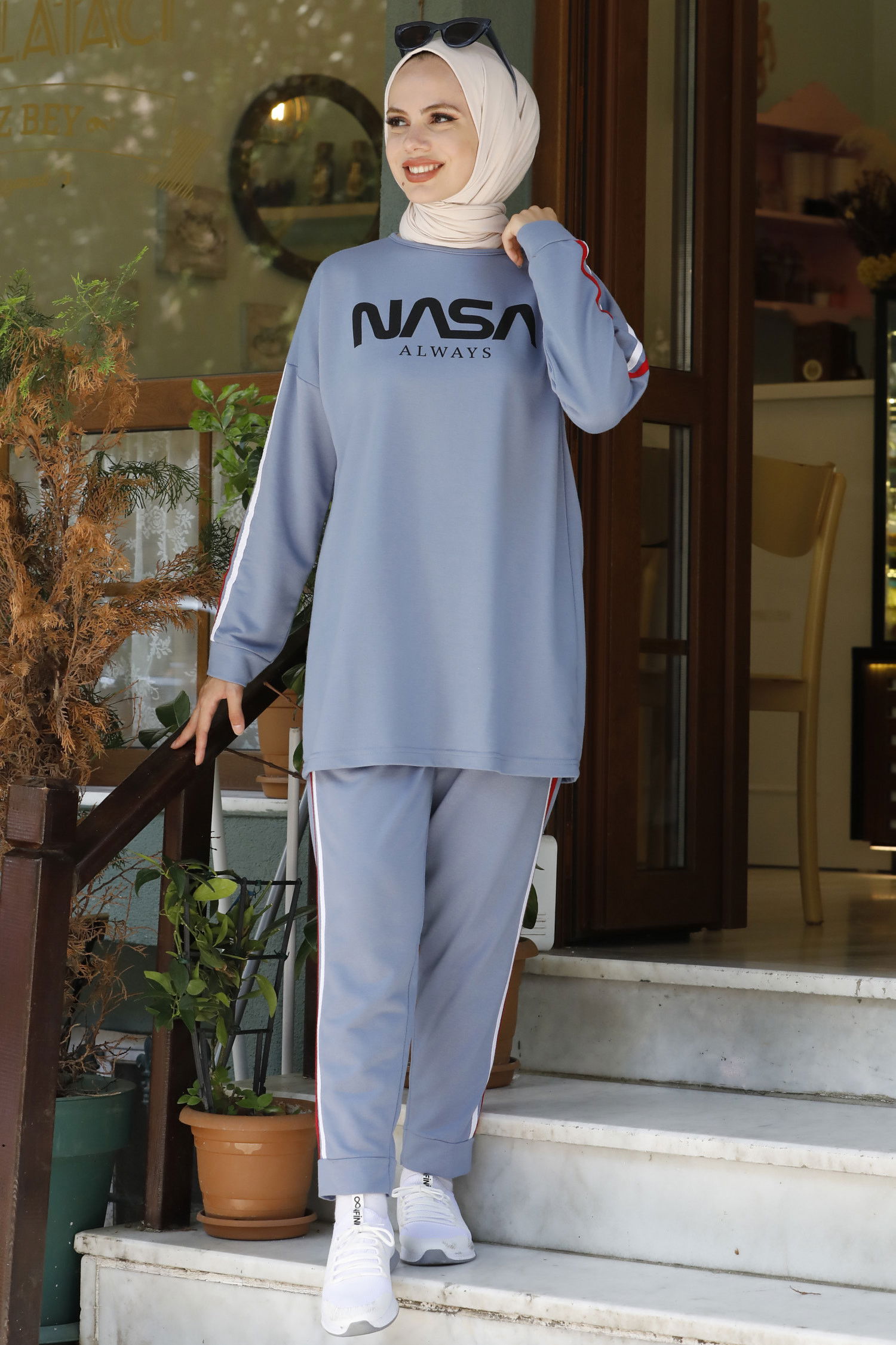 Düz Bisiklet Yaka Kadın Mavi TUNIK PANTOLON - 4141 MAVİ