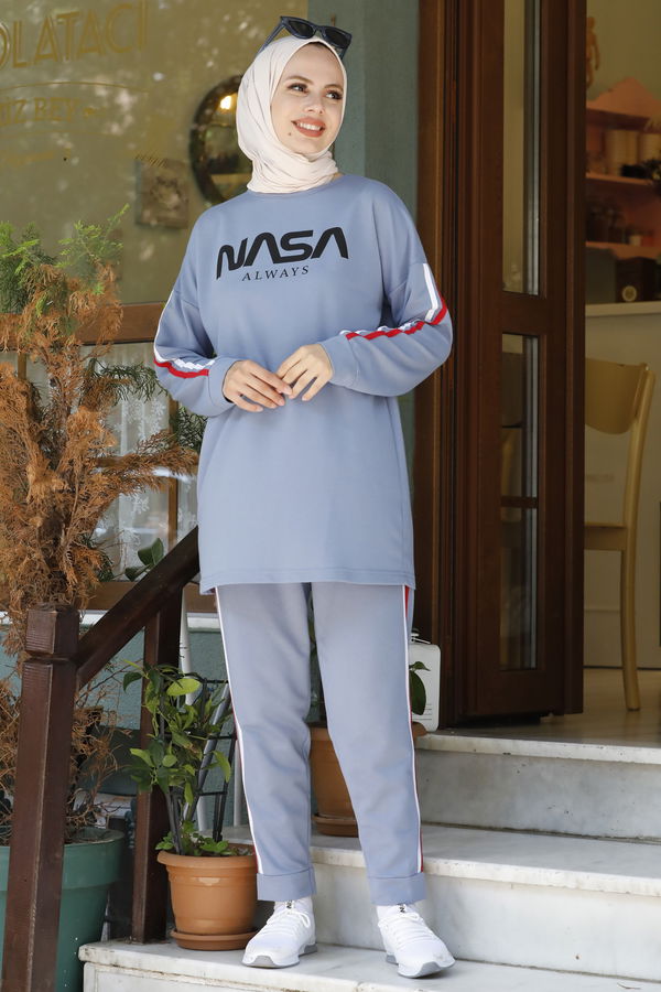 Düz Bisiklet Yaka Kadın Mavi TUNIK PANTOLON - 4141 MAVİ