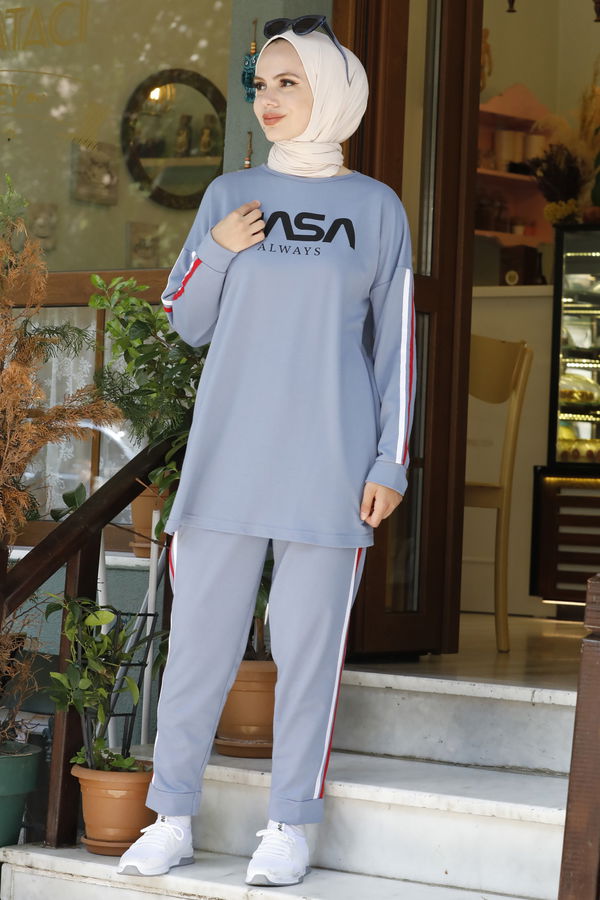 Düz Bisiklet Yaka Kadın Mavi TUNIK PANTOLON - 4141 MAVİ