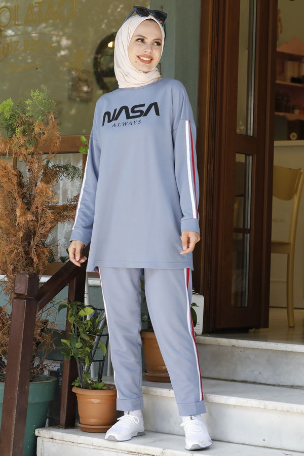 Düz Bisiklet Yaka Kadın Mavi TUNIK PANTOLON - 4141 MAVİ