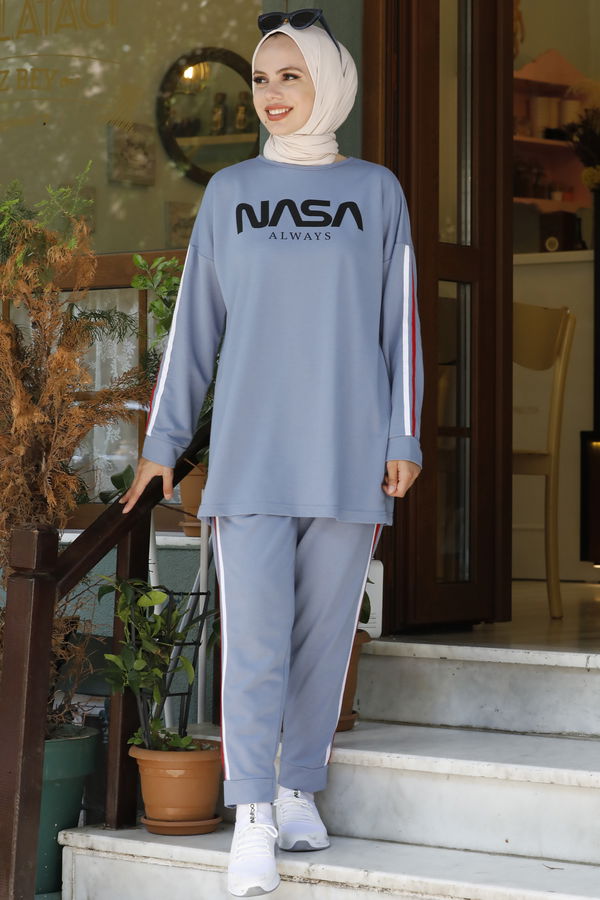 Düz Bisiklet Yaka Kadın Mavi TUNIK PANTOLON - 4141 MAVİ