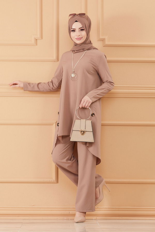 Düz Bisiklet Yaka Kadın Vizon TUNIK PANTOLON - 3528