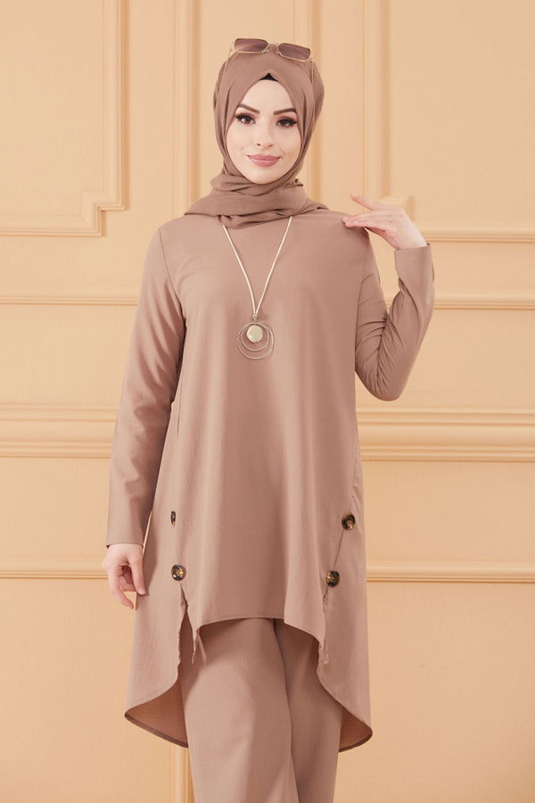 Düz Bisiklet Yaka Kadın Vizon TUNIK PANTOLON - 3528