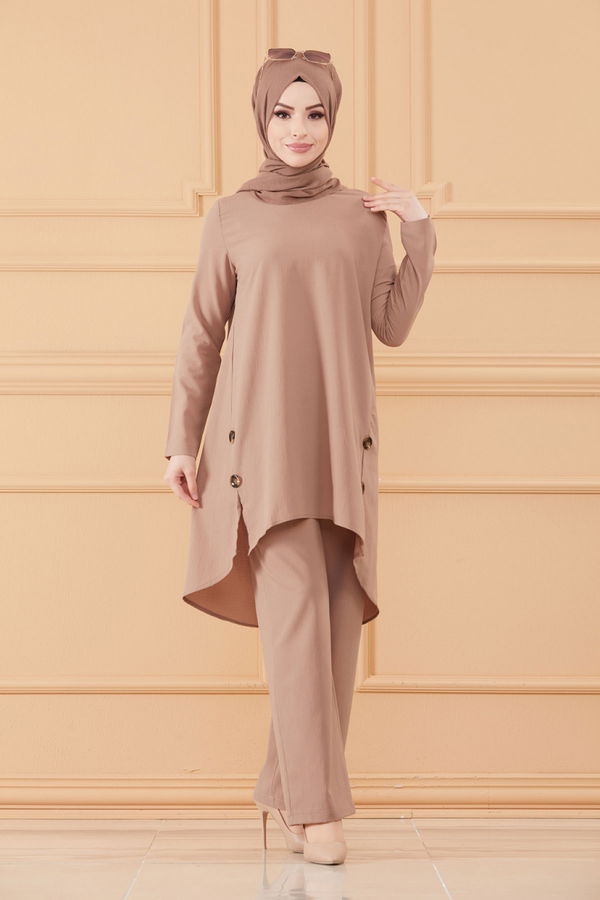 Düz Bisiklet Yaka Kadın Vizon TUNIK PANTOLON - 3528