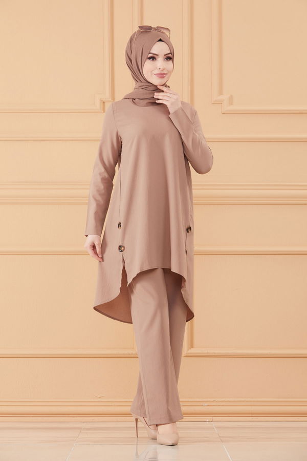 Düz Bisiklet Yaka Kadın Vizon TUNIK PANTOLON - 3528