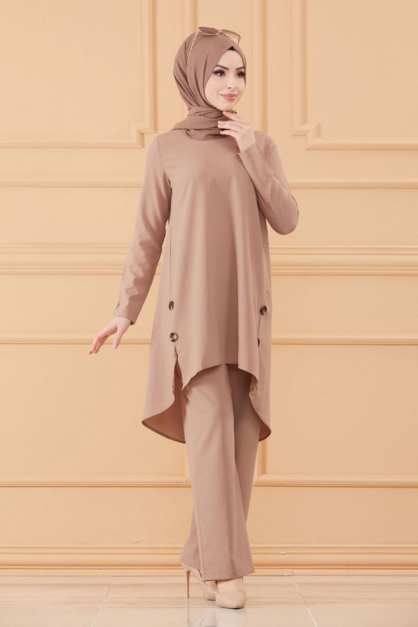 Düz Bisiklet Yaka Kadın Vizon TUNIK PANTOLON - 3528