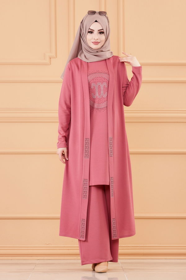 Düz Bisiklet Yaka Kadın Pembe CKT TUNIK PANTOLON - 3661 PEMBE