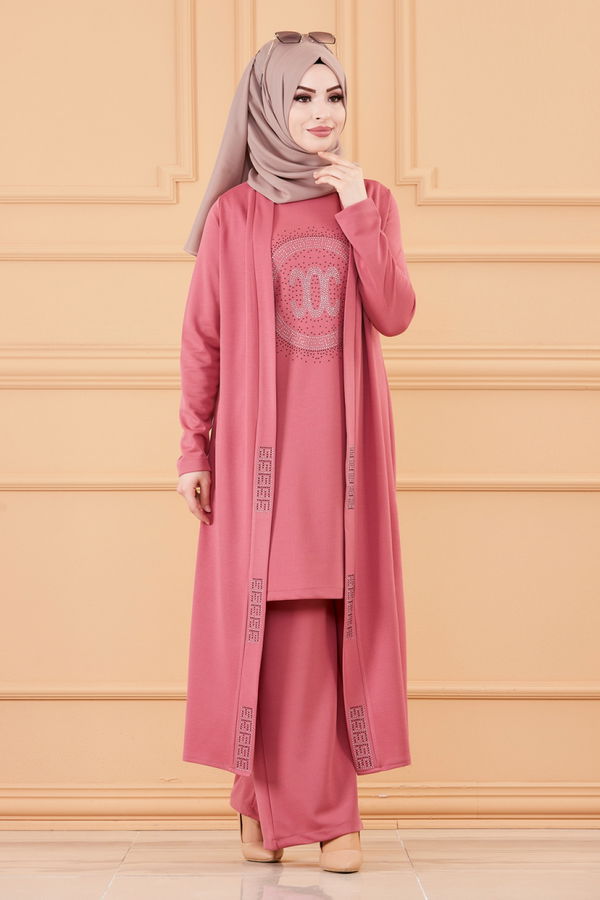 Düz Bisiklet Yaka Kadın Pembe CKT TUNIK PANTOLON - 3661 PEMBE