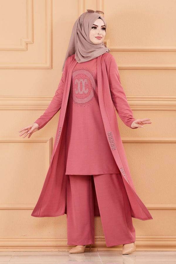 Düz Bisiklet Yaka Kadın Pembe CKT TUNIK PANTOLON - 3661 PEMBE