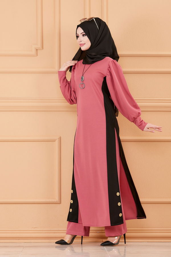 Düz Bisiklet Yaka Kadın Pembe TUNIK PANTOLON - 3662 PEMBE