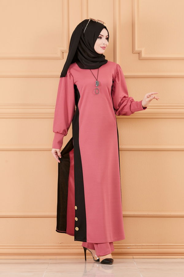 Düz Bisiklet Yaka Kadın Pembe TUNIK PANTOLON - 3662 PEMBE