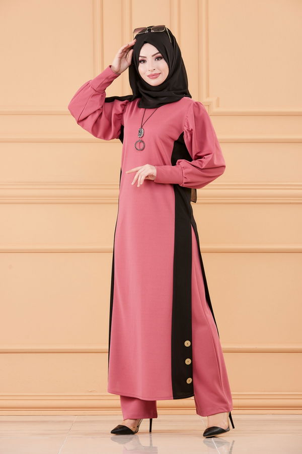 Düz Bisiklet Yaka Kadın Pembe TUNIK PANTOLON - 3662 PEMBE