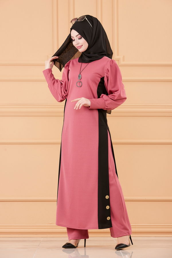 Düz Bisiklet Yaka Kadın Pembe TUNIK PANTOLON - 3662 PEMBE