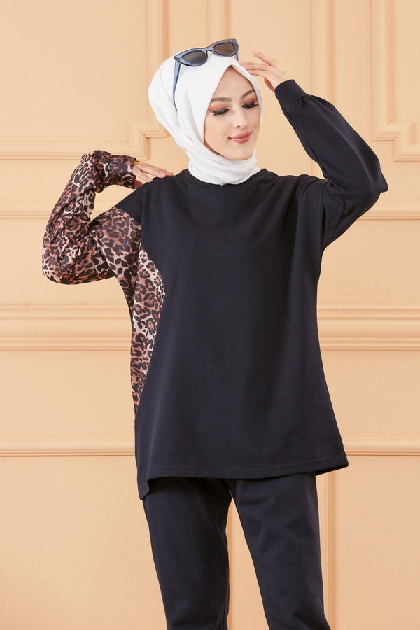 Düz Bisiklet Yaka Kadın Lacivert TUNIK PANTOLON - 8789 LACİVERT