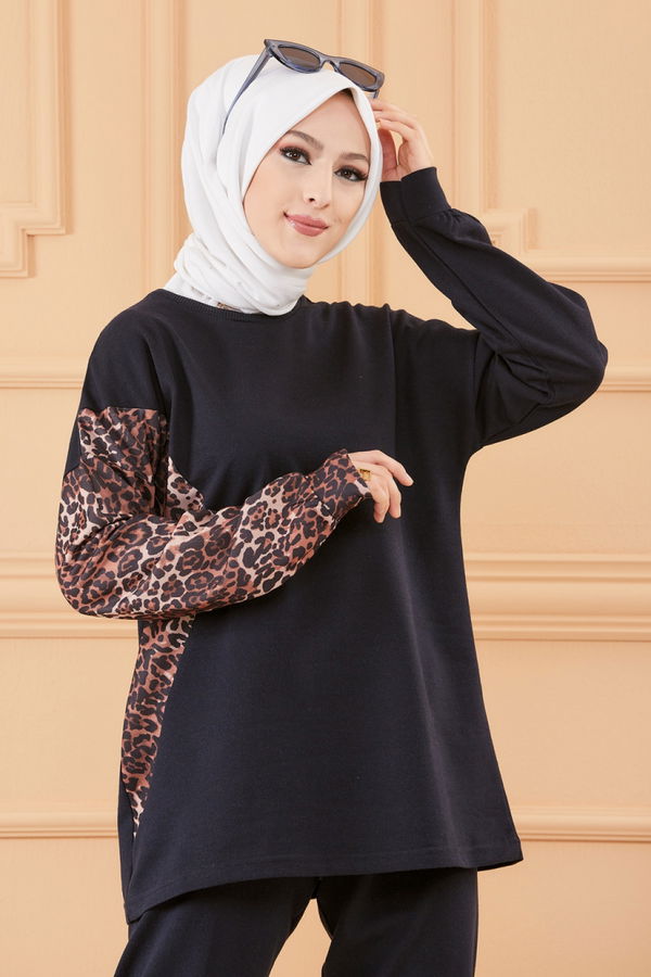 Düz Bisiklet Yaka Kadın Lacivert TUNIK PANTOLON - 8789 LACİVERT