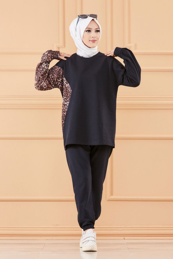 Düz Bisiklet Yaka Kadın Lacivert TUNIK PANTOLON - 8789 LACİVERT