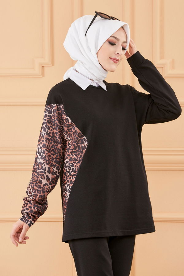Düz Bisiklet Yaka Kadın Siyah TUNIK PANTOLON - 8789