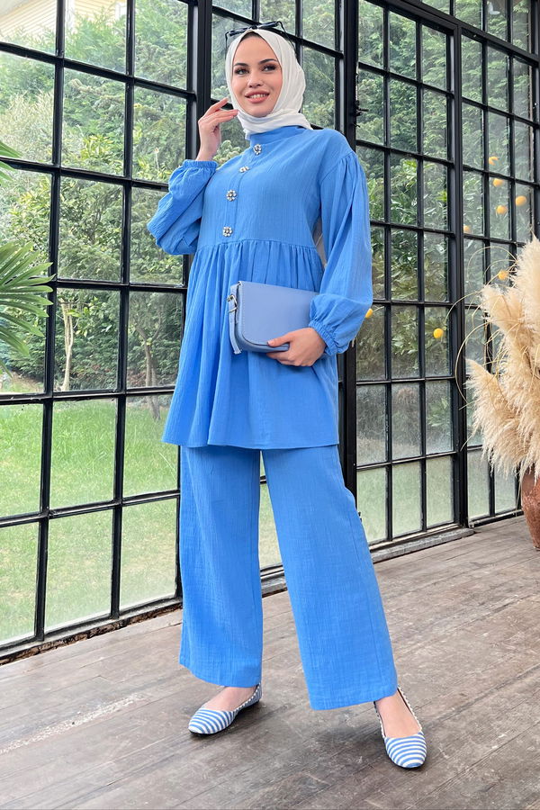 Düz Hakim Yaka Kadın Mavi Tunik+Pantolon - 22375