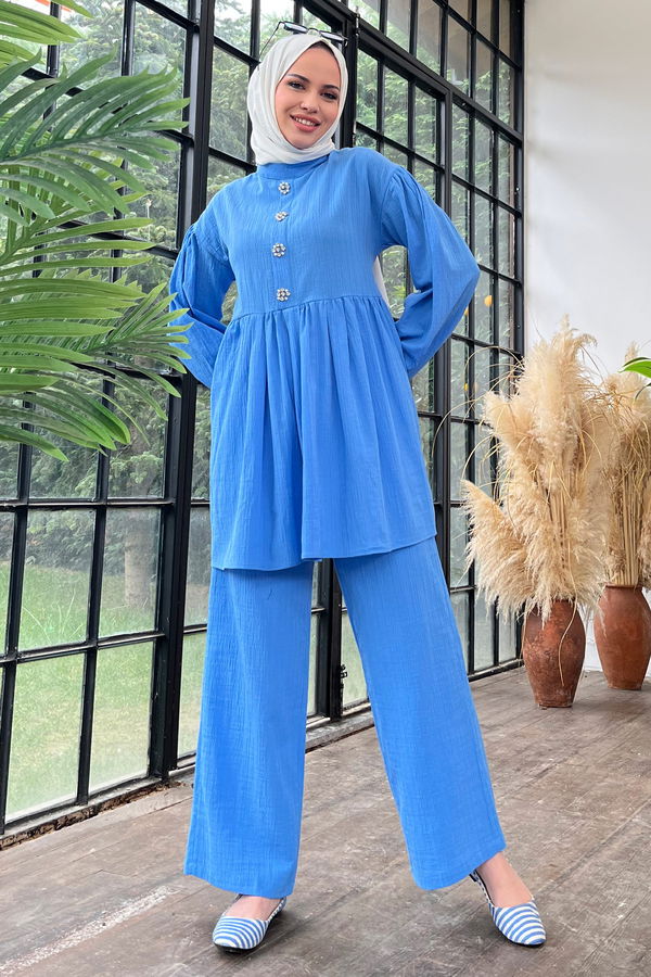 Düz Hakim Yaka Kadın Mavi Tunik+Pantolon - 22375