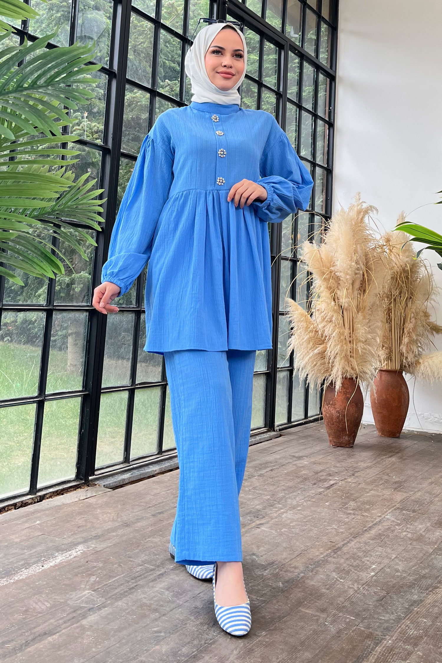 Düz Hakim Yaka Kadın Mavi Tunik+Pantolon - 22375
