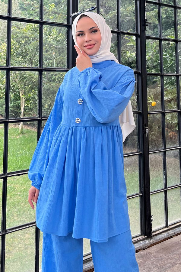 Düz Hakim Yaka Kadın Mavi Tunik+Pantolon - 22375