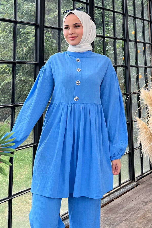Düz Hakim Yaka Kadın Mavi Tunik+Pantolon - 22375