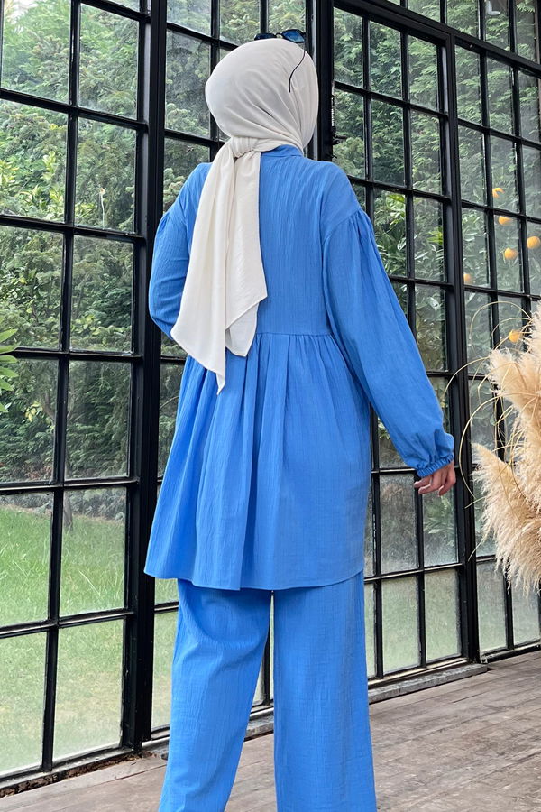 Düz Hakim Yaka Kadın Mavi Tunik+Pantolon - 22375
