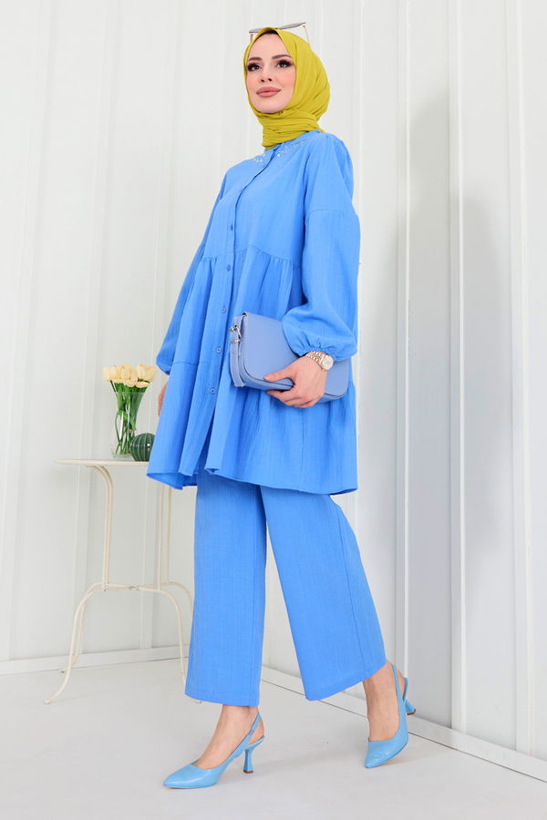 Düz Hakim Yaka Kadın Mavi Tunik+Pantolon - 22291