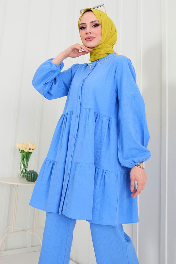 Düz Hakim Yaka Kadın Mavi Tunik+Pantolon - 22291