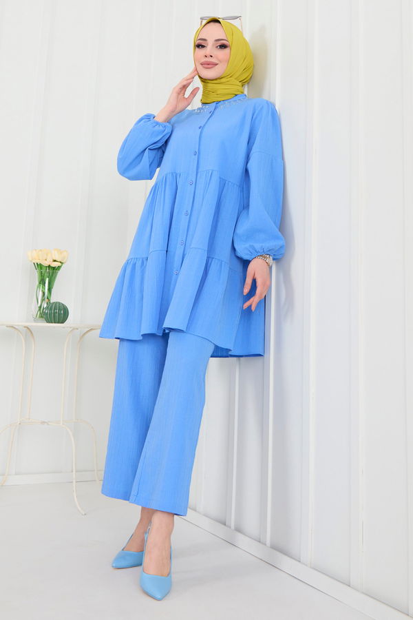 Düz Hakim Yaka Kadın Mavi Tunik+Pantolon - 22291