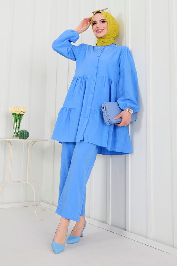 Düz Hakim Yaka Kadın Mavi Tunik+Pantolon - 22291