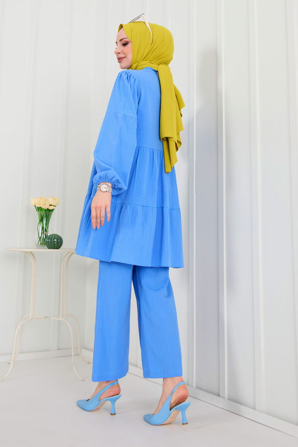 Düz Hakim Yaka Kadın Mavi Tunik+Pantolon - 22291
