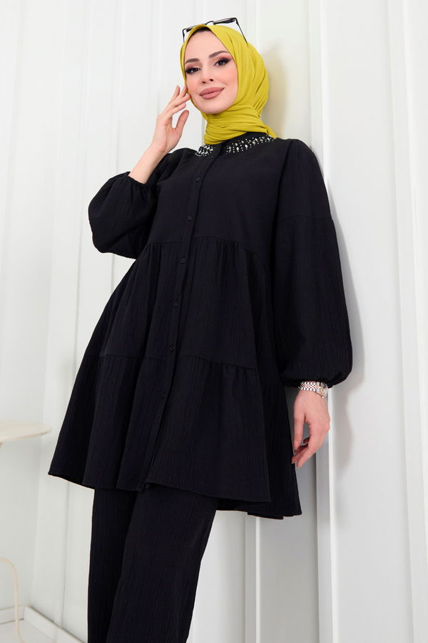 Düz Hakim Yaka Kadın Siyah Tunik+Pantolon - 22291