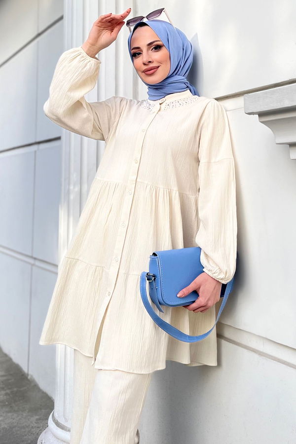 Düz Hakim Yaka Kadın Bej Tunik+Pantolon - 22291