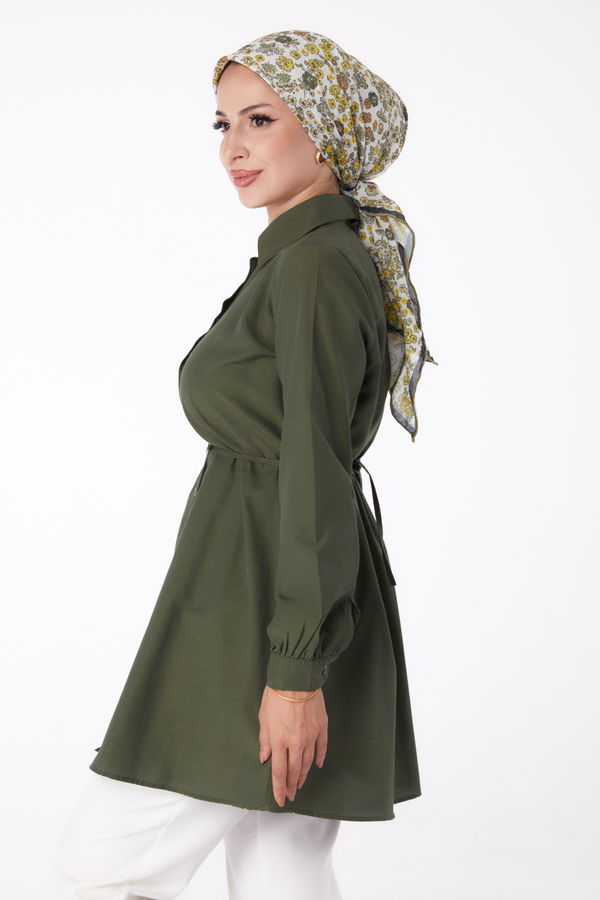 Düz Gömlek Yaka Kadın Haki Tunik - 13280