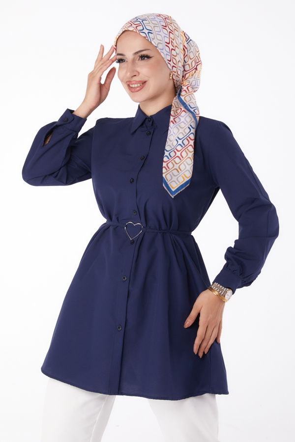 Düz Gömlek Yaka Kadın Lacivert Tunik - 13280 LACİVERT