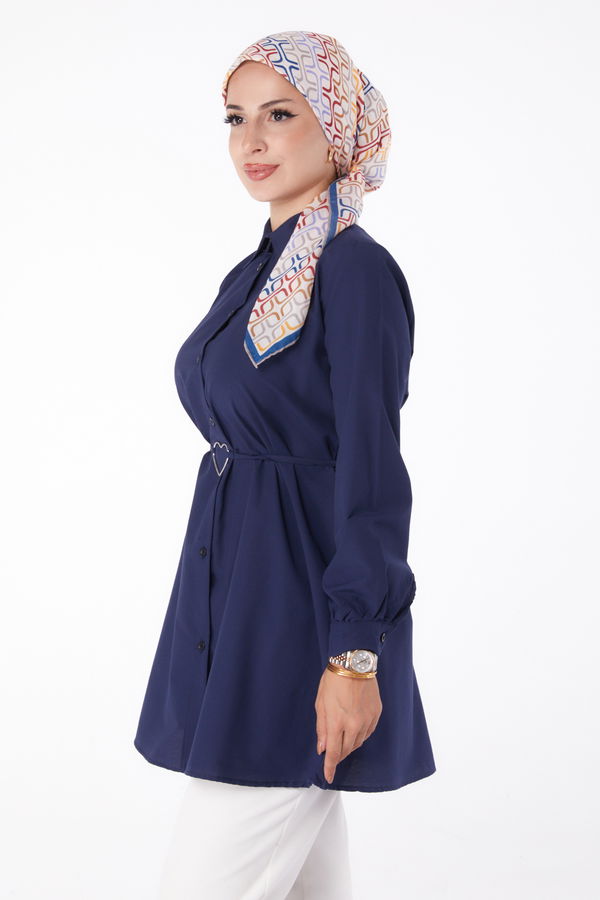 Düz Gömlek Yaka Kadın Lacivert Tunik - 13280 LACİVERT