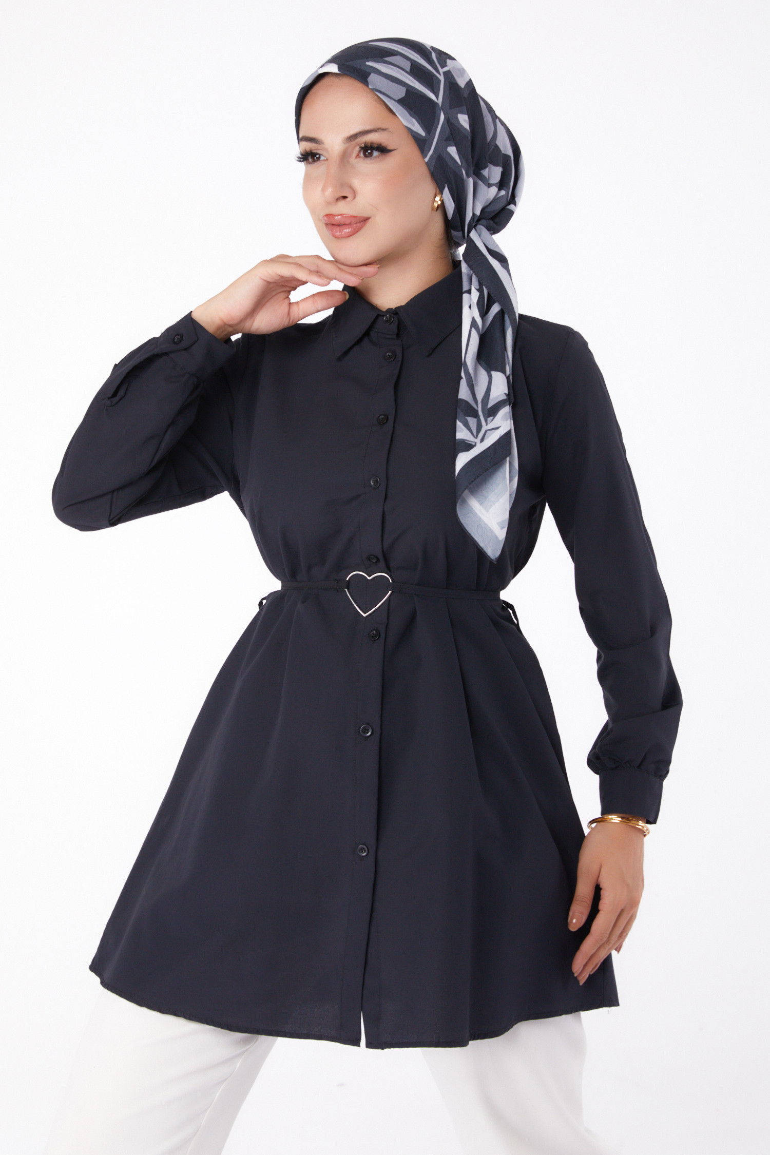 Düz Gömlek Yaka Kadın Siyah Tunik - 13280