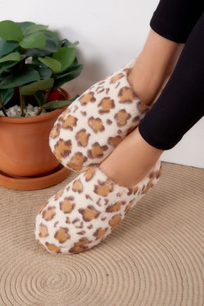Kadın Bej Leopar Desenli Ev Terliği - 26293