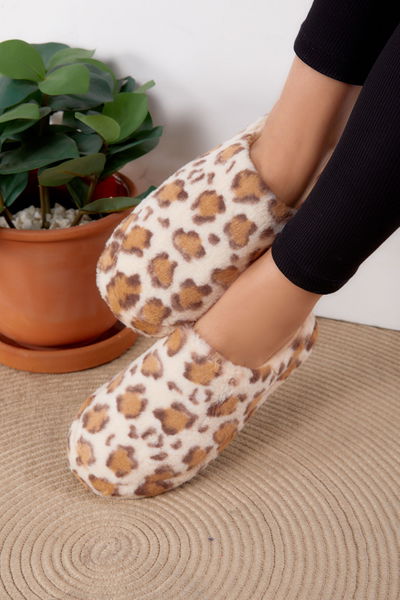 Kadın Bej Leopar Desenli Ev Terliği - 26293