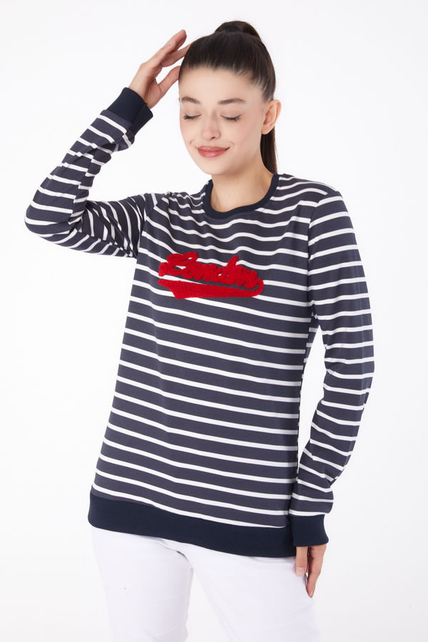 Düz Bisiklet Yaka Kadın Antrasit Nakışlı Sweatshirt - 26287 ANTRASİT
