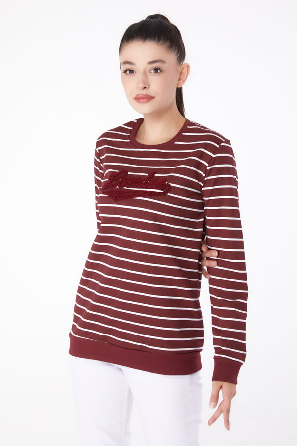 Düz Bisiklet Yaka Kadın Bordo Nakışlı Sweatshirt - 26287