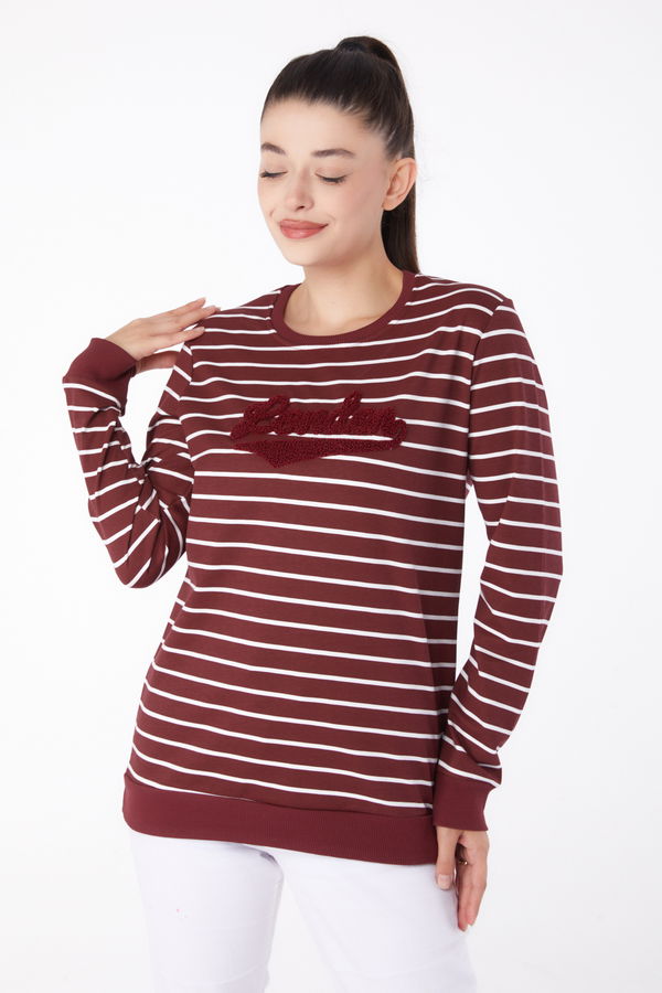 Düz Bisiklet Yaka Kadın Bordo Nakışlı Sweatshirt - 26287