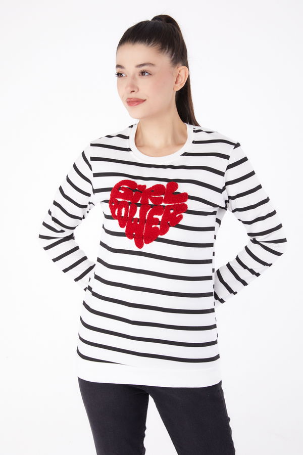 Düz Bisiklet Yaka Kadın Beyaz Nakışlı Sweatshirt - 26288